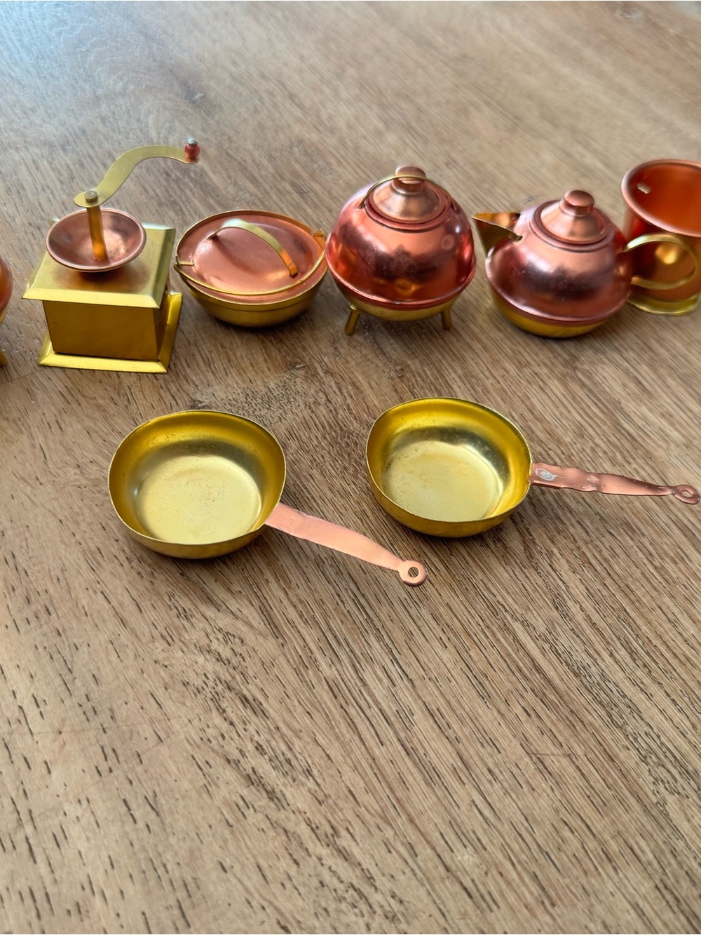 Copper &Brass miniature kitchen pans set teapots coffee grinder kettles pans